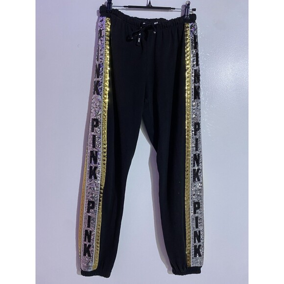 Rare Victoria Secret Pink Hoodie Joggers XS SET Campus 86 Sequin Bling 1/4 Zip - Picture 13 of 16